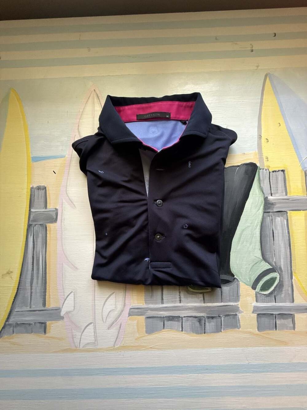 Greyson Men's Black Polo Shirt with Pink Collar Liner and Marine Print Size M